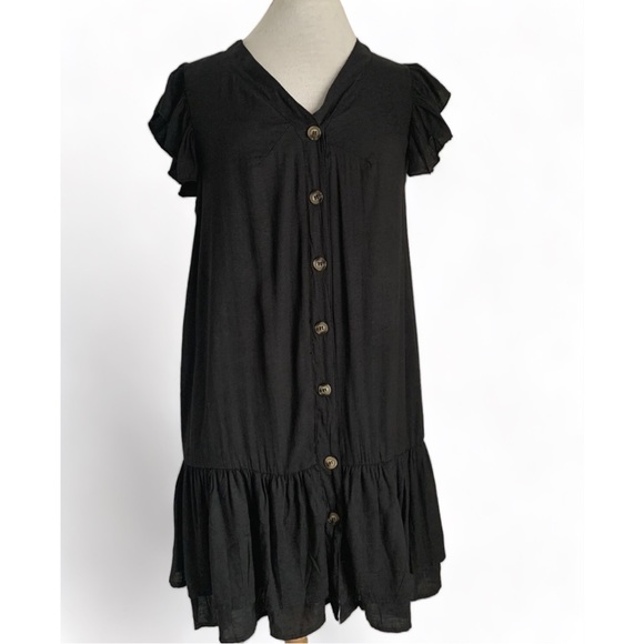 Kaycee Dresses & Skirts - Kaycee Black Tunic Dress V-Neck Button Front Tiered Knee-Length Size Large UK 12